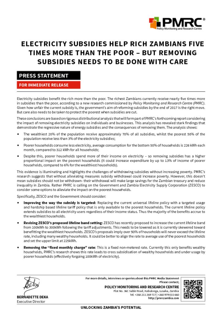 thumbnail of PMRC Press Statement – Electricity Subsidies Help Rich Zambians Five Times More than the Poor – But Removing Subsidies Needs to be done with care – By Mr. Akabondo Kabechani