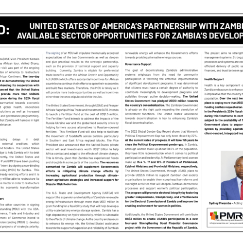 PMRC Oped – United States of America’s Partnership with Zambia: Available Sector Opportunities for Zambia’s Development